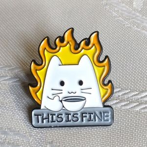 🧁 3/$30 "This Is Fine" Cat Fire Coffee Meme Enamel Pin NEW